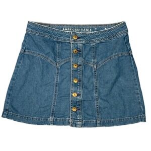 AMERICAN EAGLE Denim Button Front A Line Mini Skirt Blue Size 8 Distressed Jean